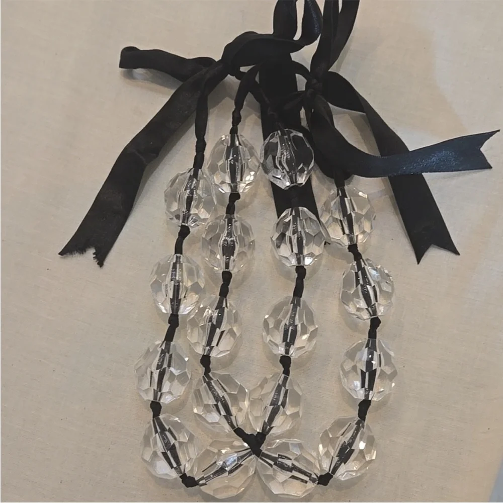 Clear Crystal Bead Necklace with Black Ribbon Tie